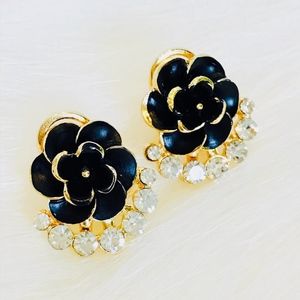 Flower Black Gold Stud Earrings with Crystals